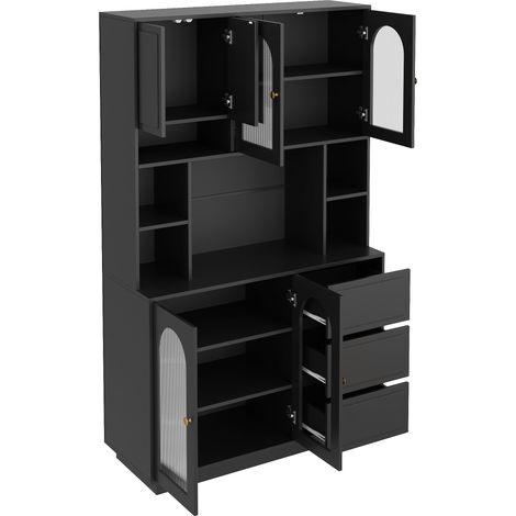 Aparador alto de MDF negro con puertas acrílicas arqueadas, estantes abiertos y iluminación LED APP (1/5)