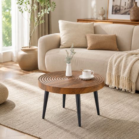 Table basse ronde Ø 60 cm en MDF et métal, effet noyer, hauteur 37 cm OKMYHOME (1/5)