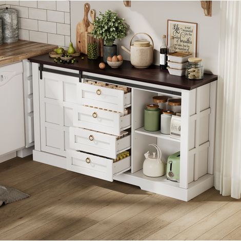 Aparador 150x40x85 cm blanco en MDF con puertas correderas, 4 cajones y estantes ajustables (1/5)