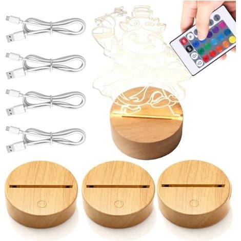 SUNOYA Support LED 3D, Lot de 4 Socles Lumineux 3D avec Télécommande, Veilleuse 3D à LED, 16 Couleurs Réglables, SocleLED pour Plaque Acrylique, Chambre, Salon, Bar, Magasin - Couleur Bois [Classe éne (1/5)