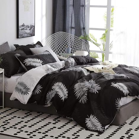 Housse de Couette 240x260 + 2 Taies d'oreiller 65x65 cm Motif Feuilles Noir (1/5)