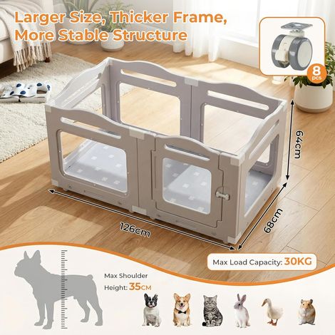 Parc pour Chiot en Acrylique 126×68 cm, Enclos pour Chien avec Roues et Plaque Base, Parc Chien Interieur 64cm, 5+1 PCS Panneaux Caisse Mise Bas pour Chiots avec Tapis Imperméable,Gris (1/5)