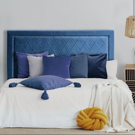 Cotecosy – Tête de lit Meghan 140 cm en velours bleu – Dimensions H 120 cm – Fixation murale – Ambiance chic et élégante (1/3)
