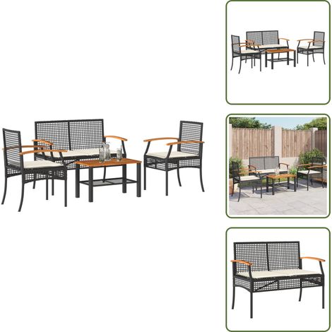 4-tlg. Garten-Lounge-Set mit Kissen Schwarz Poly Rattan - Gartenmöbel - Lounge Set - Rattan Möbel - Outdoor Möbel - Gartentisch