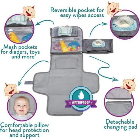 Table à langer portable pour bébé avec sac à lingettes et design de poche à bandoulière (gris) (1/4)
