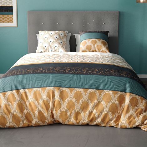 Parure housse de couette 260x240cm + 2 taies motif graphique jaune moutarde 100% coton - GALIANA (1/4)