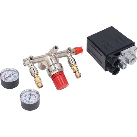 Kit vanne pression compresseur air avec interrupteur vertical manifold régulateur 90-120PSI 100-240V AC plastique acier laiton 2 manomètres (1/5)