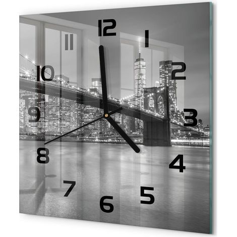 Horloge Murale Carrée Analogique en Verre Silencieuse Moderne Salon Cuisine New York la nuit 30x30 cm (1/5)