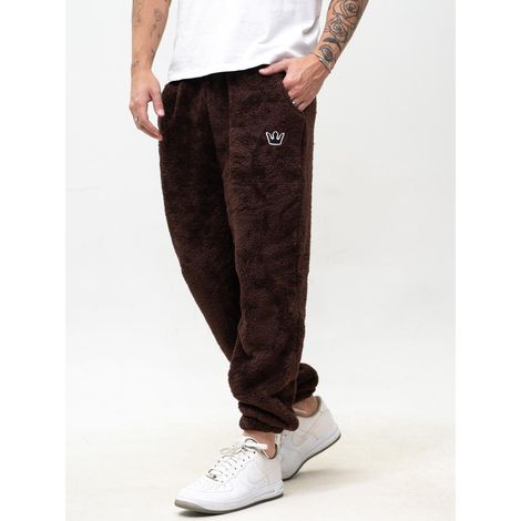 Pantalones deportivos de sherpa marr贸n oscuro para hombre Jigga Wear Teddy Simple Crown, talla L (1/5)