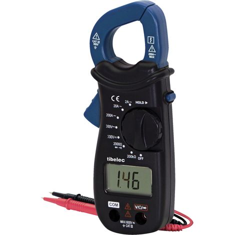 Tibelec – Multimètre à pince ampèremétrique digitale 5 fonctions 300V 200A CAT III – Mesure de tension, intensité, résistance – Compact et léger (1/3)