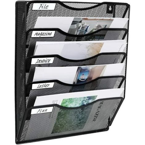 Organisateur de fichiers mural 5 poches – Noir – Installation simple avec matériel inclus – Pour documents et magazines (1/5)
