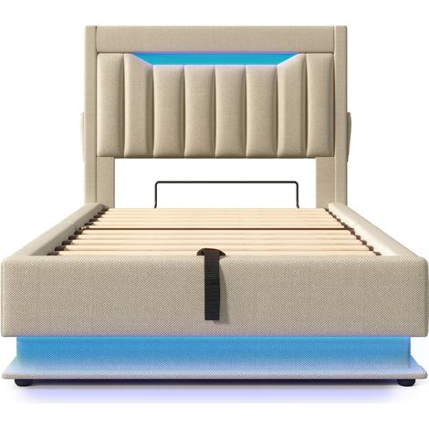 Polsterbett 90x200 cm aus beigefarbenem Leinen mit LED, USB und USB-C MODENUIT (1/5)