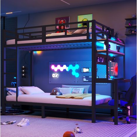 Letto a castello 90x200 cm in metallo nero, con scrivania, mensole, LED, USB, sponde di sicurezza e scala (1/5)