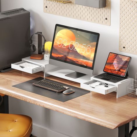 Rehausseur écran PC bureau support d'écran d'ordinateur de 60-116 cm avec 2 tiroirs, longueur et angle réglables (1/5)