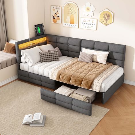 Erwachsenenbett 90×200 cm – Gepolstertes Bett mit 2 Schubladen, farbwechselnder LED-Beleuchtung, USB-Ladeanschluss, Lattenrost, modernes Design – Grau (1/5)
