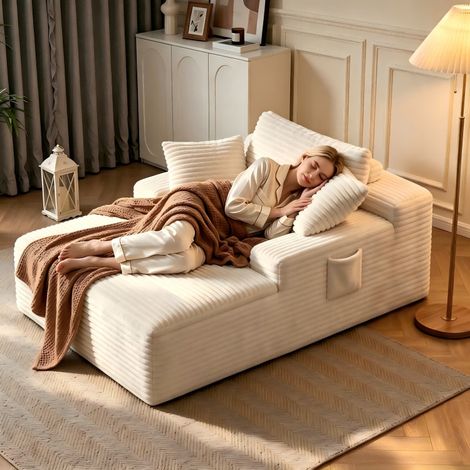 Chaise Longue Moderne Sans Assemblage,Méridienne en Velours Côtelé avec Coussins,Canapé Relax avec Soutien Lombaire -160X105X65cm - Beige (1/5)