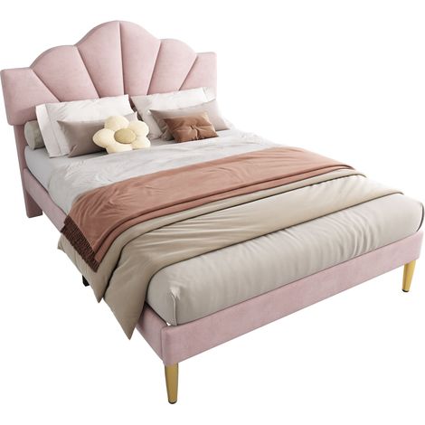 Lit Double Rembourré 140 x 190 cm en Velours, Tête de Lit Réglable et Pieds Dorés, sans Matelas, Rose (1/5)