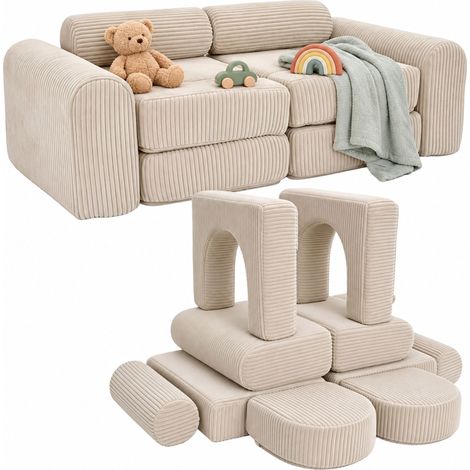 Relaxdays Sofá de juegos infantil modular, 10 pzas., bloques suaves, pana, beige (Al x An x Fondo) 32 x 108 x 50 cm (1/5)