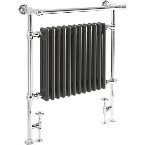 Milano Elizabeth 930mm x 790mm Floorstanding Chrome and Anthracite Dual Fuel Electric Heated Towel Rail Radiator with Overhanging Rail and Angled Valves - Heated Towel Rail & Valves Only (1/5)