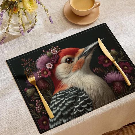 Lot de 4 Sets de Table Pic Fleurs, Résistant à la Chaleur Coton et Lin Réalisme Illustration Rouge Set de Table - Lavables et Antidérapants, pour Décoration de Cuisine à Manger, 45x30cm'Rouge/Pic Fleu