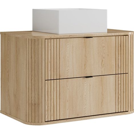 Meuble de salle de bain suspendu avec vasque à poser carrée - Naturel clair - 80 cm - FILOR (1/4)