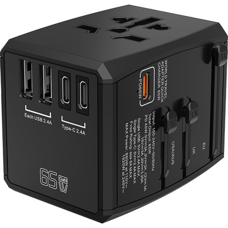 Adattatore da viaggio Presa elettrica universale 65 W 2 USB + 3 Type-C Ricarica Nero Caricatore internazionale veloce in tutto il mondo per Regno Unito Stati Uniti AUS Canada Cina Messico Tailandia