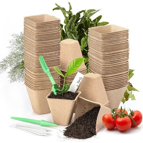 100 biologisch abbaubare Anzuchttöpfe, 8 cm quadratische Pikiertöpfe, Gartentöpfe mit 100 Etiketten für Saatgut, Gemüse, Blumen und Sukkulenten – Crezuo