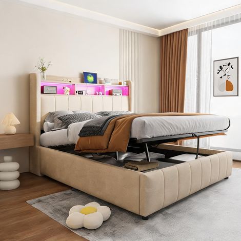 Cadre de lit beige en upholstered 212,3 x 140 x 110 cm (1/5)