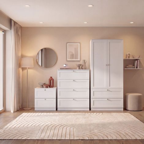Altino 3 Piece Bedroom Set with 2 Drawer Bedside, 4 Drawer Chest, 2 Door 2 Drawer Wardrobe, White