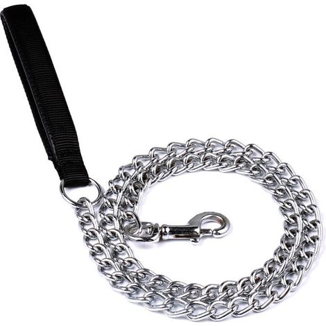 Laisse Chien Chaîne 3mm120cm en Acier Laisse Métal Chien Solide Poignée en Cuir PU  Argent