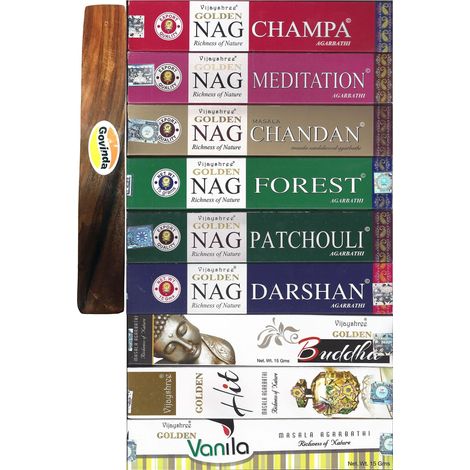 Lot de 9 porte-encens Golden Nag Champa, Nag Meditation, Nag Forest, Nag Chandan, Nag Patchouli, Nag Darshan, Bouddha, Hit, et Vanille
