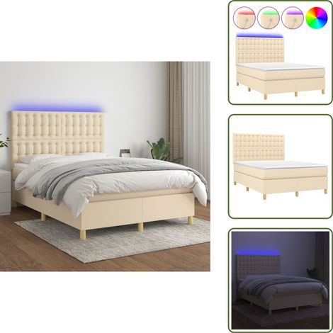 Sommier à lattes de lit et matelas et LED Crème 140x200cm Tissu - Lit Plateforme - Lit Crémeux - Lit Design - Lit Avec Led - Matelas À Ressorts Ensachés (1/5)