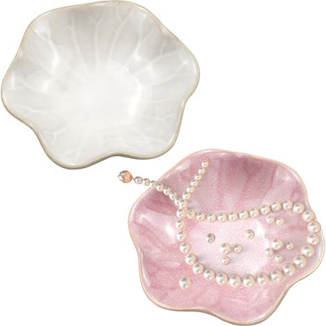 2-teilige Keramik-Schmuckschale in Form eines rosa-weißen Lotusblatts, dekoratives Tablett für Badezimmer oder Schminktisch (1/5)