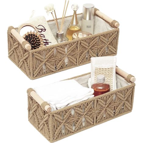 Lot de 2 paniers de rangement en macramé de style bohème pour organiser le plan de travail, panier à papier toilette pour réservoir de toilettes, panier d'étagère avec poignée pour décoration de salle (1/5)