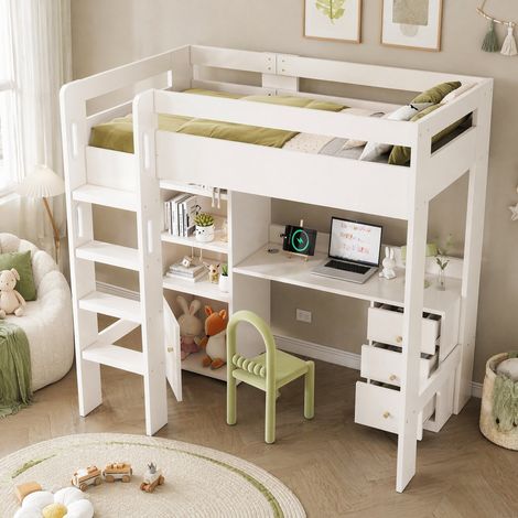 Hochbett 90x200 cm Weiß aus MDF und Spanplatte mit Schreibtisch, Stauraum und USB/Type-C (1/5)