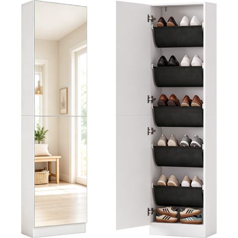 Étagère à chaussures miroir avec 5 étagères en tissu non tissé et une étagère inférieure, en bois, 50 x 20 x 180 cm, blanche (1/5)