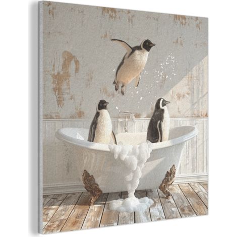 TABLEAU ACOUSTIQUE Vintage - Pingouin - Baignoire - Mousse Anti-Bruit 90x90 cm (1/5)