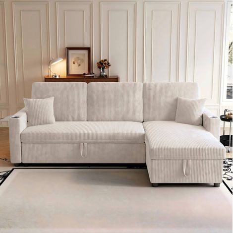 Convertible Ecksofa 207,5 x 142 x 84,5 cm aus beigem Cordstoff mit Stauraum – MEUBLIV (1/5)