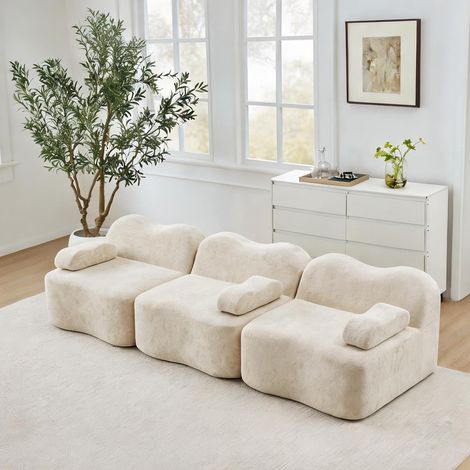 Sofa modulaire 3 places en velours beige mousse haute densité 32D (1/5)