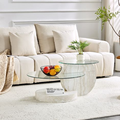 Mesa de Centro Redonda de Dos Niveles con Vidrio de Seguridad para Salón, MDF, Gris Claro, 78.5×78.5×24.5 cm (1/5)