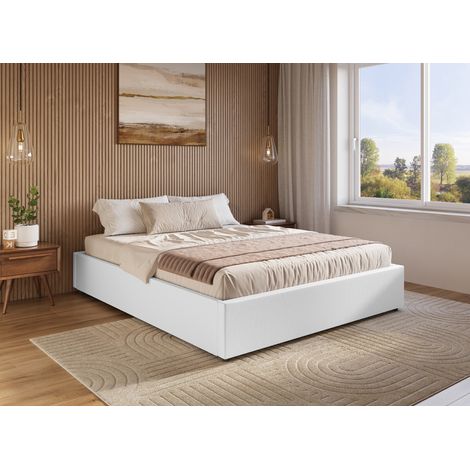Deco In Paris – Lit sommier relevable avec coffre en simili cuir blanc 180x200 cm – Structure en bois et métal – 26 lattes en bois pour confort optimal
