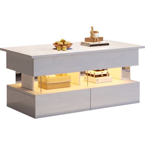 Tavolino da caffè elevabile 100 x 50 x 46 cm bianco con vano nascosto, 2 cassetti e LED, MDF (1/5)