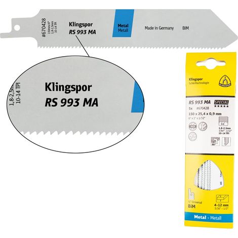 Klingspor RS 993 MA Säbelsägeblätter, 225 x 25,4 x 0,9 mm Nutzlänge 205Bi-Metall, gefräst, geschränkt , 10-14 Zähne pro Zoll, SB-verpackt im Karton