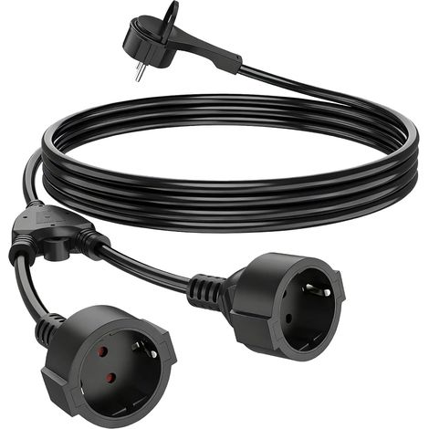Rallonge de 2 m avec fiche plate, 2 prises contact de protection - Rallonge électrique 230 V/16 A - Double prise pour prise de courant - IP44 - Pour la maison, le bureau, noir (1/5)