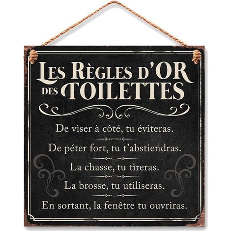 Plaque métallique à suspendre Règles des toilettes 20 cm – Métal – Pour espaces confinés – Décoration intérieure – Sud Trading