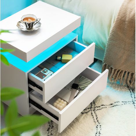 Table de chevet blanche avec LED réglables et 2 tiroirs pour chambre (1/5)