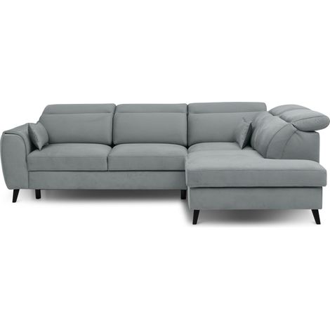 Canapé d’angle convertible NOBLESSE en tissu avec coffre et pieds en bois noir – 265cm angle droit-Bleu ardoise-angle droit (1/5)