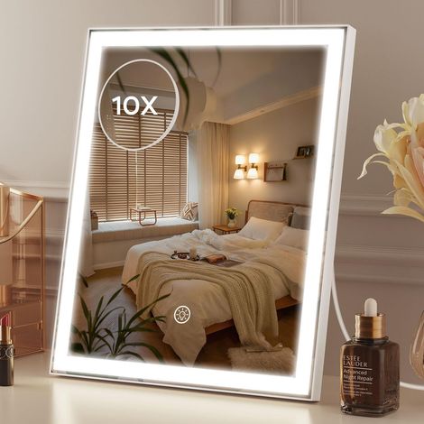 Espejo de maquillaje iluminado, espejo de tocador de 30 x 25 cm con intensidad regulable y aumento de 10x, iluminación en 3 tonos  Control táctil, blanco (1/5)