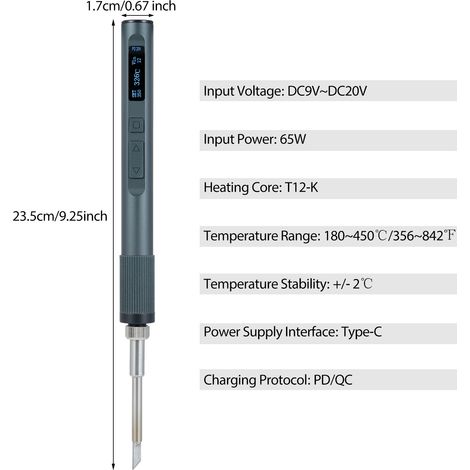 Stylo de soudage portable intelligent, kit de fer à souder, stylo à affichage numérique électrique USB 65 W avec pointes interchangeables T12-K, température réglable, idéal pour les réparations électr (1/5)