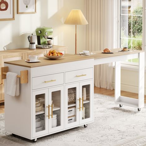 Îlot de cuisine roulant avec table extensible, chariot de bar à roulettes avec rangement, meuble de cuisine à portes vitrées, tiroirs et étagère, blanc, 132,5-217 x 50 x 93 cm (1/5)